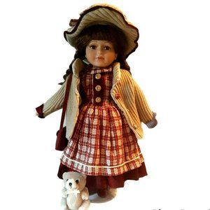 17" Samantha Collection Brunette Braids Doll Prairie Dress Teddy Purse on Stand